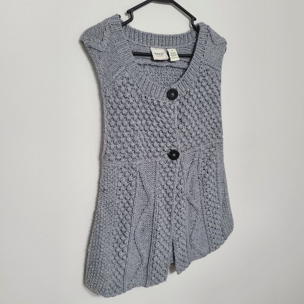 Kenji Sweater Womens Medium Gray Wool Cable Knit Handknit Short Sleeve